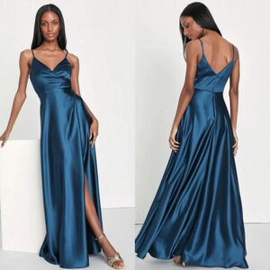 Lulus Shades of Love Teal Blue Satin Faux-Wrap Maxi Dress Wedding Party Prom